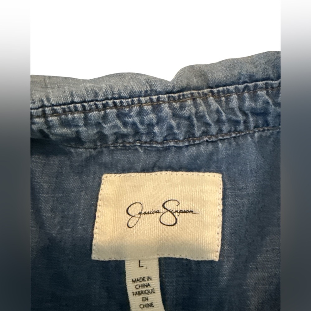 Jessica Simpson Blue Denim Shirt with Grommet Detail on Sleeves - Size Large - Picture 6 of 9